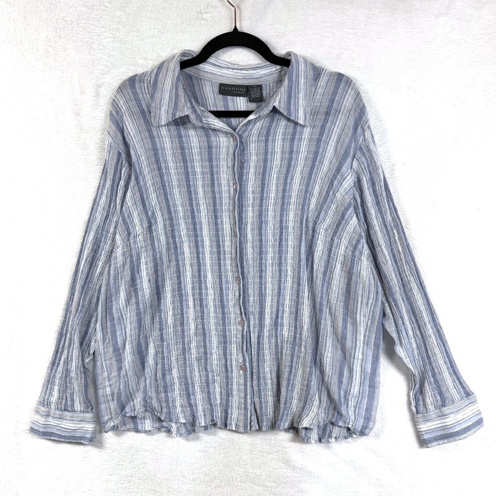 Relativity 2X Striped Crinkle Gauze Button Down Shirt Blue Oversized Beachy Soft
